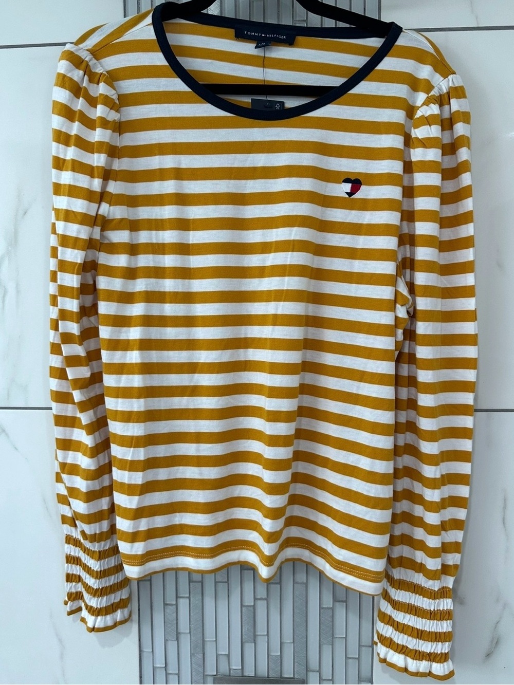 XL Women’s Tommy Hilfiger White and Yellow Striped Long-Sleeve Shirt